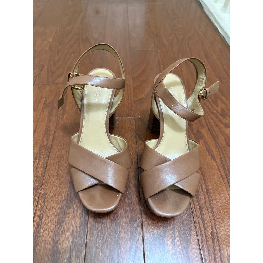 Michael Kors Tan Leather Platform Block Heel Sandals Crisscross Ankle Strap 6M